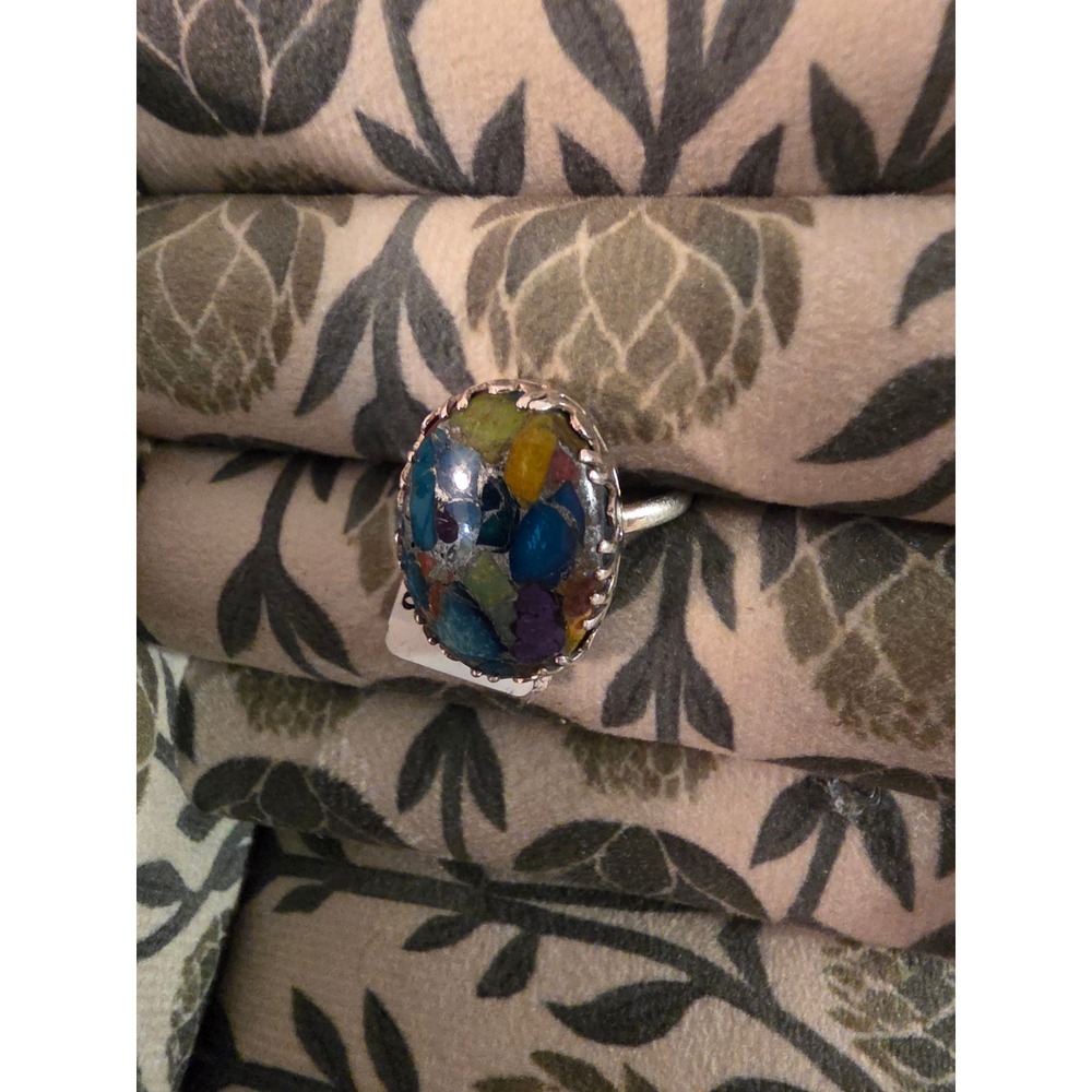 Rainbow Dahlia Mosaic Oval Cabochon Ring Silver Tone Size 8 Multi Color